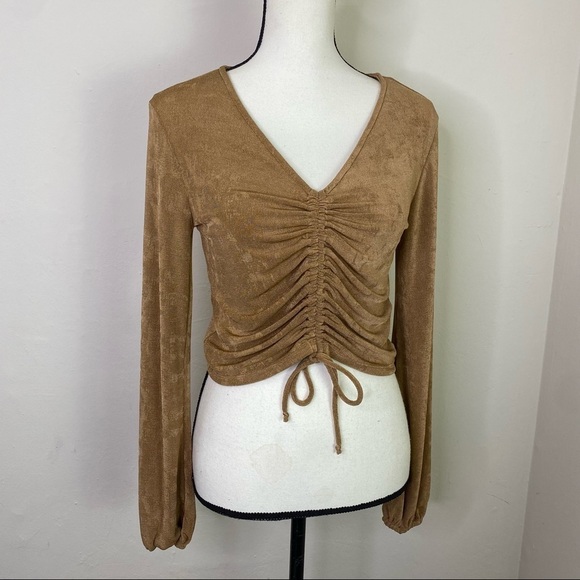 NWT‎ Just Polly Tan Drawstring Crop Womens Top Size M - Picture 2 of 10